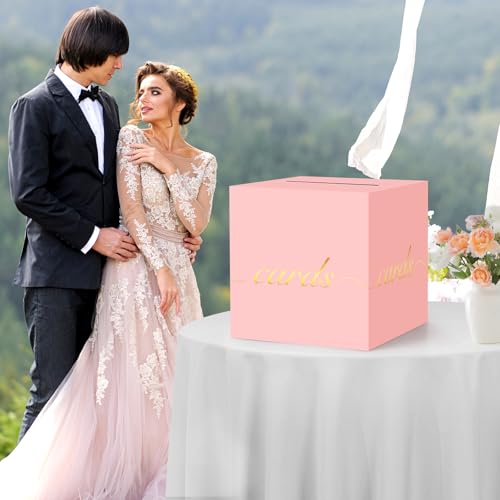 Image of Pink Card Box Gold Foil Wedding Favors Gift Card Boxes Post Box Receiving Money Box Holder for Wedding Reception, Baby Showers, Anniversary, Birthday Party, Retirement, Graduation Envelope Holder