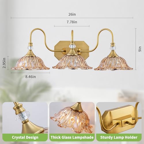Image of Vintage Gold Bathroom Vanity Light, 3-Lights Matte Antique Brass Finish with Flower Shaped Amber Glass Shades Light Fixture for Bathroom, Hallway