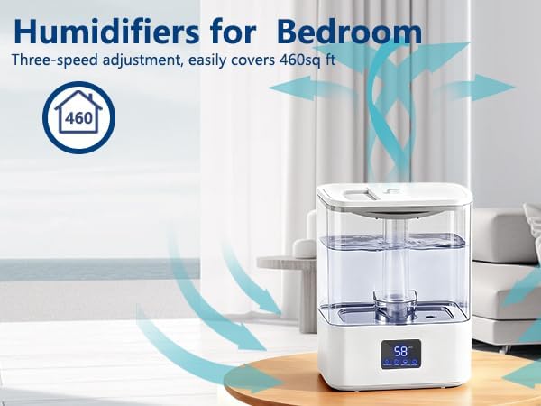 Miniatura 4 de KZF Humidificadores de llenado superior de 4 L para dormitorio y tiempo de funcionamiento de 60 horas, humidificador de niebla fría, 3 niveles de