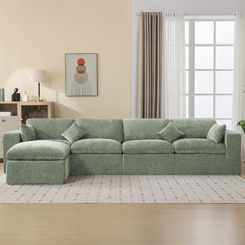Image of 146''Cloud Boneless Sectional Couch, Modular Sectional Sofa Deep Seat with Ottoman, Oversized Upholstered Convertible Comfy 5 Seater Chenille Sofa L Shape Couches for Living Room, Green