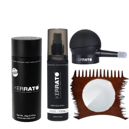 Image of Kerrato Hair Fibres 28g (NATURAL BLACK) with Fibre Hold Spray (100ml), Optimizer Comb, and Pump | Confidence Kit for Fuller, Natural-Looking Hair | Hair Fiber Combo Kit
