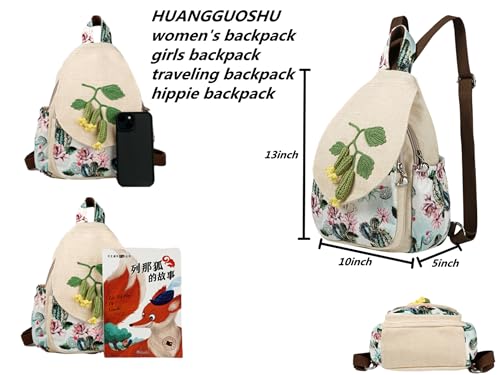 Image of Small Canvas Backpack, Retro Boho Washed Hippie for Women Daily Commute (Cucumber Decorations)