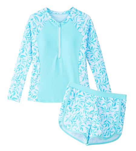 Image of Happy Cherry Girls Two Piece Rash Guard Swimsuit Floral UPF 50+ Swim Set Summer Beach Swimwear 8-12T