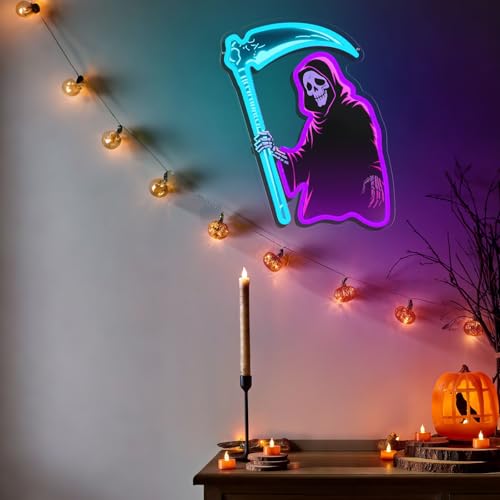 Image of Grim Reaper Neon Sign with Scythe, Dimmable LED Skeleton Neon Light for Wall Decor, Gothic Room, Man Cave, Bar, Game Room Decor Gifts