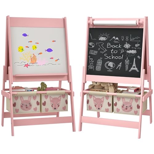 AIYAPLAY Caballete para Niños 3 en 1 Caballete Infantil de Doble Cara con Rollo de Papel Pizarras y 2 Cestas de Almacenamiento 54x46,5x93 cm Rosa
