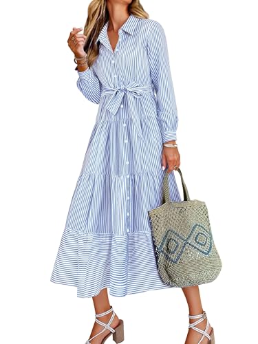Caracilia Women Long Sleeve Maxi Dress 2025 Fall Casual Button Down Striped Plaid Tie Waist Shirt Dresses Vacation Outfits