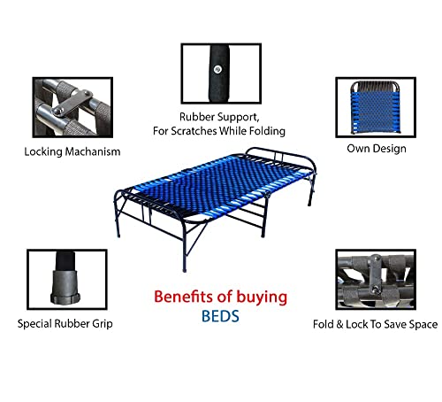Image of Folding Bed | 1 Year Warranty | Portable Single Bed | 3X6 Feet Bed Size | Strong Iron Steel Metal Frame Pipe | Bed for Sleeping Guest, Easily Storable (Synthetic Strip Blue)