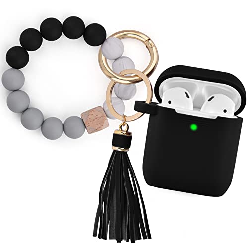Filoto Compatible with Air pod Case, Cute Apple 2/1 Cover for Women, Silicone Protective Case with Bracelet Keychain (Black)