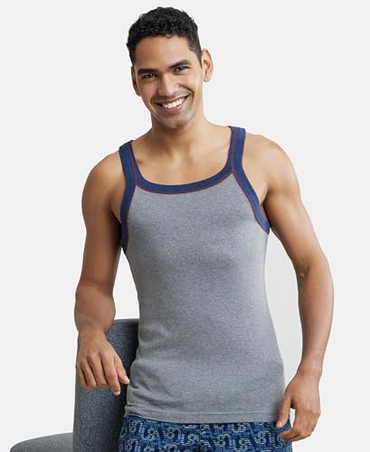 Image of Jockey US54 Men's Super Combed Cotton Rib Square Neckline Slim Fit Gym Vest with Back Panel Graphic Print (Shoulder Starp Color May Vary)
