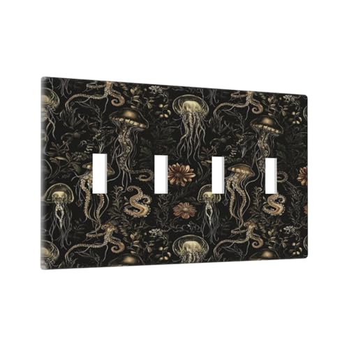 Decorative Switch Plate Covers Black Gold Jellyfish Squid Deep Sea Creatures 4 Gang Light Switch Cover Plate Quad Toggle Wall Plate Outlet Covers for Bedroom Home Decor