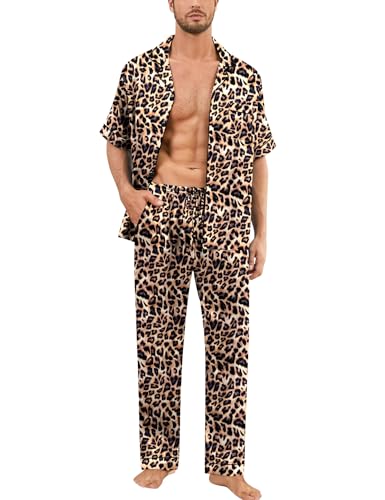 SWOMOG Mens Silk Pajamas Set Satin Pj Set Short Sleeve Sleepwear Button Down Lounge Set with Drawstring & Pockets S-3XL2
