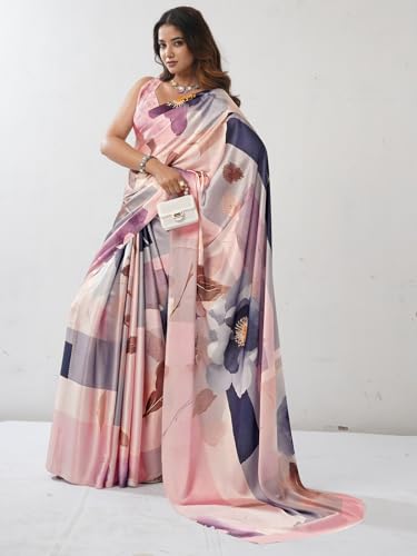 Image of Satrani Women's Satin Digital Printed Saree with Unstitched Blouse Piece
