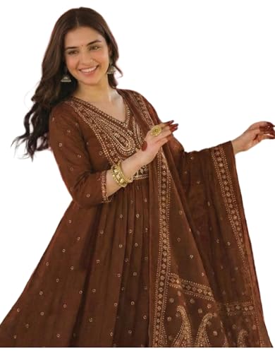 Image of GoSriKi Rust Anarkali Kurta Set for Women with Dupatta | Cotton Kurti Set for Woman | Embroidered Anarkali Suit for Women Kurti Pant Set with Dupatta | Suit Set for Women Latest