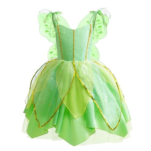 Lito Angels Disfraz Campanilla Vestido de Hada Verde con Alas de Mariposa para Niñas, Talla 5-6 años (Número de etiqueta 120)