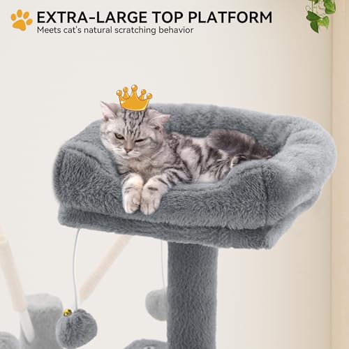 YITAHOME 44in Cat Tree Tower Indoor, Multi-Level Cat Condo with Scratching Posts, Cat Window Padded Plush Perch, Cozy Hammock, Funny Pompoms for Kittens Pet Play House, Light Gray by YITAHOME - Image 5