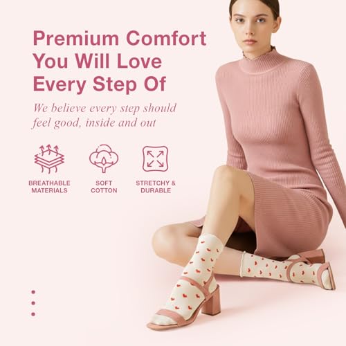 Image of Women's Cute Heart Pattern Crew Socks - 3 Pairs Colorful Novelty Gift Set - Soft Cotton Cozy Socks for Casual Wear