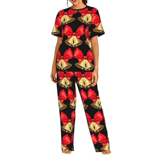 JIUTY 1 conjunto de pijama de 2 piezas con estampado de campanas de Navidad para mujer, ropa de descanso para dormir, yoga y vida en el campus, Negro, S