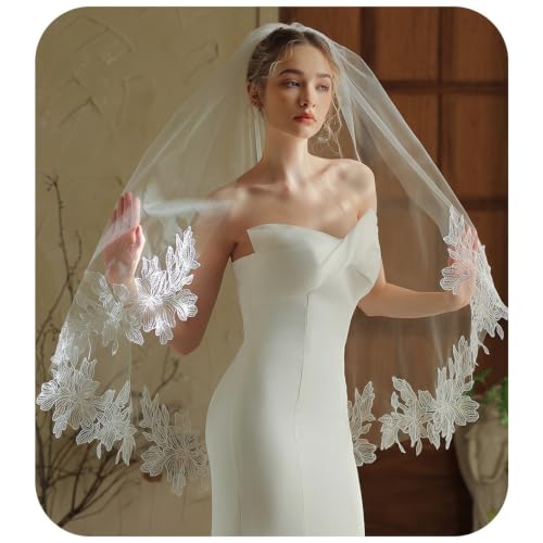 Voile de mariée mi-long en dentelle blanc cassé 100x150 cm
