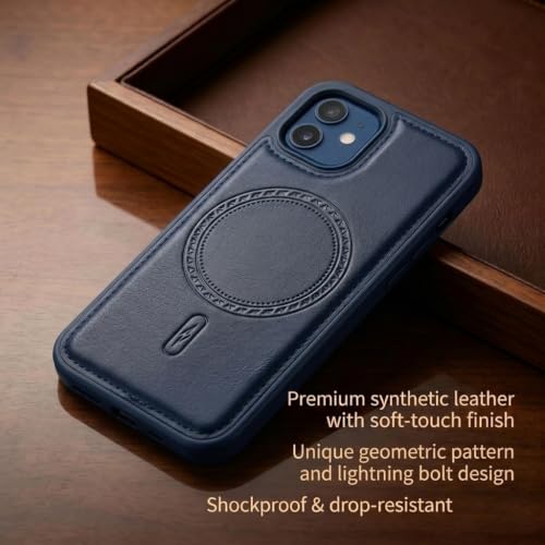 Image of amazon basics Premium PU Leather Case for iPhone 12 Pro, MagSafe Compatible Magnetic Ring, Sleek Protective Back Cover - [Blue]