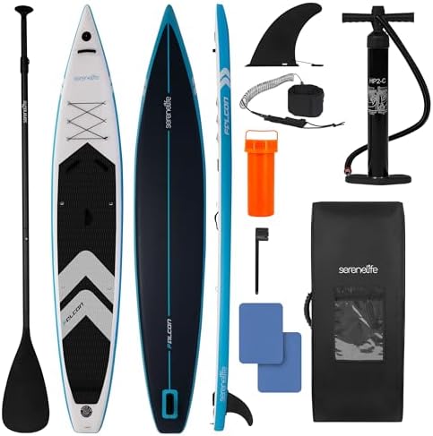 SereneLife 14’ Inflatable Stand Up Paddle Board for Racing - 28” Narrow Design for Expert Paddlers with Non-Slip EVA Deck Pad, Includes Premium SUP Accessories and GoPro Mount, for Youth and Adults