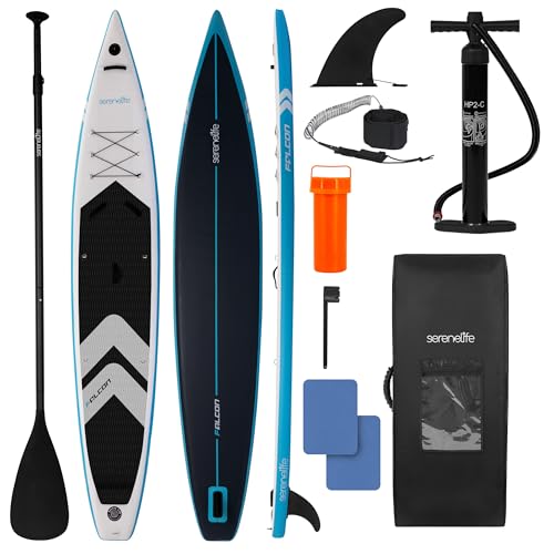 SereneLife 14’ Inflatable Stand Up Paddle Board for Racing - 28” Narrow Design for Expert Paddlers with Non-Slip EVA Deck Pad, Includes Premium SUP Accessories and GoPro Mount, for Youth and Adults