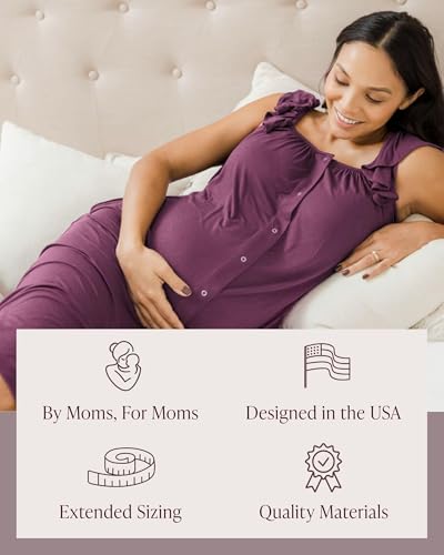 Image of Kindred Bravely Ruffle Strap Labor and Delivery Gown for Birthing & Nursing | Soft maternity hospital gown with velcro for monitoring, epidural, skin-to-skin contact, breastfeeding nightgown with pockets