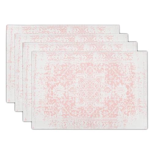 Image of Gray Pink Boho Placemats Set of 4 Ethnic Bohemian Carpet Place Mats Washable Kitchen Dining Vintage Grey Geography Floral Linen Table Mats Stain Heat-Resistant for Home Party Indoor 12x18 in
