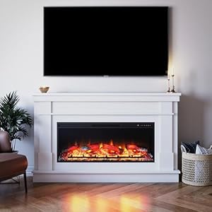 Ameriwood Home Elmcroft Contemporary Wide Mantel with Linear Engineered Wood Electric Fireplace for Living RoomFamily Room in White Finish