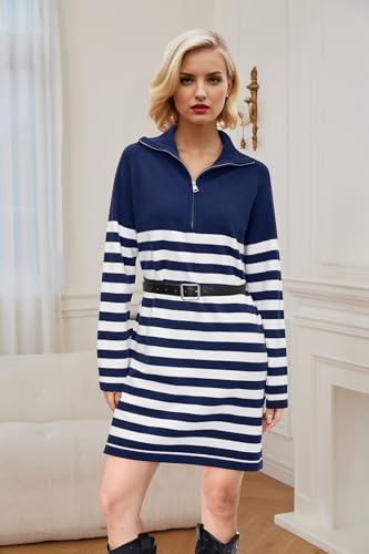 Image of Newshows Women's Winter Sweater Dress 2025 Striped Long Sleeve Lapel Collar Chunky Knit Slouchy Oversized Fall Sweaters