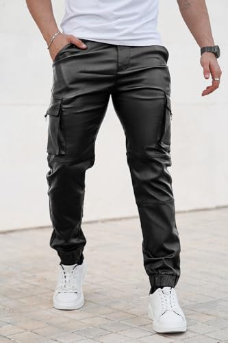 GINGTTO Mens Cargo Pants Joggers Leather Pants for Men Slim Fit2