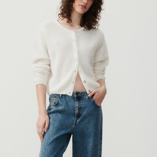 Image of Women Button Down Cardigan Long Sleeve Crewneck Sweater Vintage Lightweight Knit Jacket Fall Going Out Top