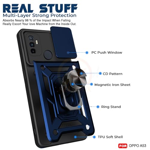 Image of Armor Bumper Back Cover Case for Oppo A53 Rotating Camera Cover, Ring Holder & Kickstand | Heavy Duty & 360 Degree Protection Oppo A53 5G Back Cover (Blue).