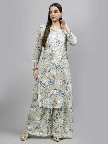 Image of Seva Chikan Hand Embroidered Lucknowi Chikankari Mal Mal Straight Printed Kurta & Palazzo Set for Women SCL8041