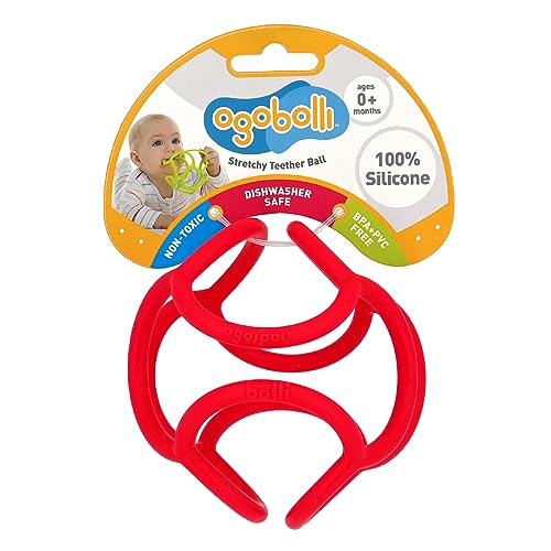 Image of OgoBolli Teether Ring Tactile Sensory Ball Toy for Babies & Toddlers - Stretchy, Squishy, Soft, Non-Toxic Silicone - Boys and Girls Age 6+ Months - Red