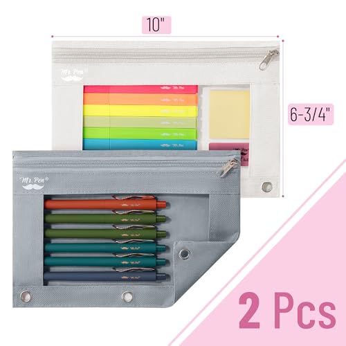 Image of Mr. Pen- Pencil Pouch for 3 Ring Binder, 2 Pack, 10 inchx6.75 inch, Smooth Zipper | Clear Window, Large Capacity Pencil Case with 3 Reinforced Grommets for School, Office, Supplies Storage | Clear Window, Large Capacity Pencil Case with 3 Reinforced Grommets for School, Office, Supplies Storage