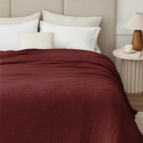 Image of 100% Cotton Muslin Blanket Queen 90 inch x 90 inch, 6 Layers Breathable and Lightweight Cotton Throw Blankets for Bed, Soft Cooling Summer Gauze Blanket for Adults All Season, Burgundy