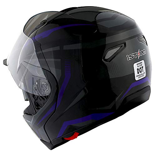 1Storm Motorcycle Street Bike Modular/Flip Up Dual Visor/Sun Shield Full Face Helmet Storm Tron Purple #TOP7