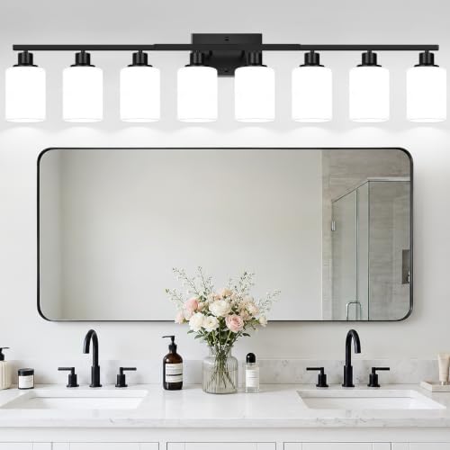 Image of Indoi 8-Light Bathroom Light Fixtures, Matte Black Modern Vanity Lights with Milky White Shades, Bathroom Wall Lamp for Mirror Living Room Cabinet Bedroom Porch