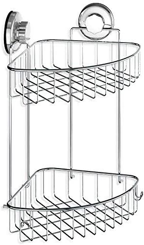 HASKO accessories - Suction Cup Corner Shower Caddy | 304 Stainless Steel Polished Chrome Shelf 2 Tier Basket Holder for Bathroom and kitchen