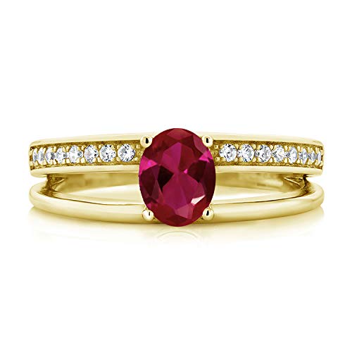 Gem Stone King 1.06 Ct Oval Red Created Ruby 18K Yellow Gold Plated Silver Double Band Ring (Size 5)