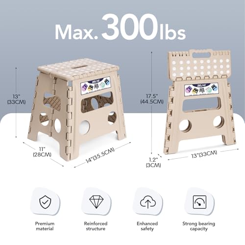 Image of Delxo Office Step Stool, 13 inch Non-Slip Foldable Stools for Adults Up to 300 LBS, Step Stool with Handle, Lightweight for Kitchen, Bathroom, Bedroom, Office, Khaki, 1PC