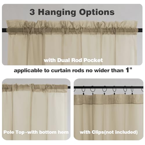 Image of Chyhomenyc Sheer Taupe Valances for Windows 2 Pack, Small Window Curtains for Living Room Bathroom Laundry Basement, Modern Rod Pocket Voile Curtains, 42Wx14L inches