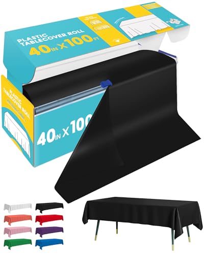 Image of Niuara Black Plastic Table Cover Roll - 40IN x 100FT, Table Cloth for Rectangle Table with Slide Cutter, Plastic Table Cloth Disposable with Cut-to-Size Design for Weddings, Banquets, Parties