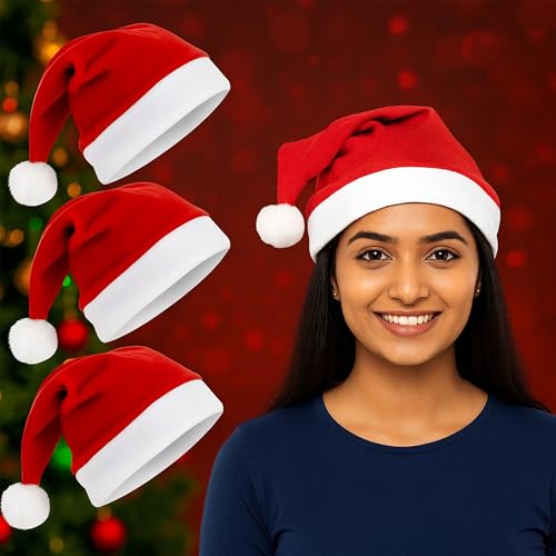 Image of Christmas Santa Cap (Pack of 3) | Free Size | Soft & Comfortable Festive Cap for Kids and Adults | Ideal for Parties, School Events, Photoshoots & Holiday Dress-Up | Christmas Gift for Kids