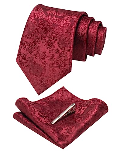 Image of JEMYGINS Mens Solid Color Paisley Necktie and Pocket Square with Tie Clip Sets