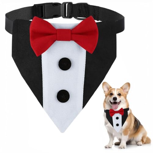 Dog Tuxedo Costumes, Dog Wedding Outfit Bandana with Bow Tie, Dogs Tux Suit Collars for Small Medium Large Pet Dogs, Red M