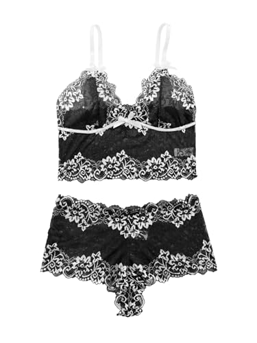 Image of Lilosy Sexy Lingerie for Women Lace Pajamas Set Cami Bra and Panty High Waist Sheer Sleepwear 2 Piece 2XS-6XL