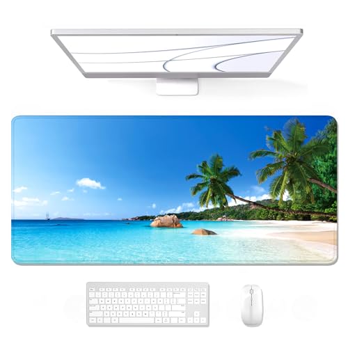 Image of Auhoahsil Large Gaming Mouse Pad, Beach Theme XXL 35.4 x 15.7 in Desk Pad Stitched Non-Slip Rubber Long Computer Mousepad Thin Extended Full Size Desk Mat for Desktop, Laptop, Wireless Mice, Blue