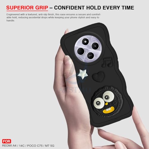 Image of AESTMO Back Case Cover for Redmi A4 / 14C / Poco C75 / M7 5G | 3D Cute Fun Cartoon Characters | Anti Slip Grip Cute Wave Curly Frame Shape | Full Body Protection Back Cover (Black)