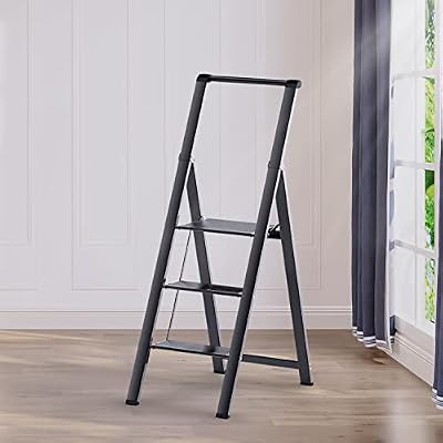 Soladder 3 Step Ladder, Slim Folding Steps Stool with Handrail, Lightweight Aluminum Alloy Foldable Black Ladder with Anti-Slip Wide Pedal, for Home, Kitchen, Office, Garage Use (330 lbs Capacity)